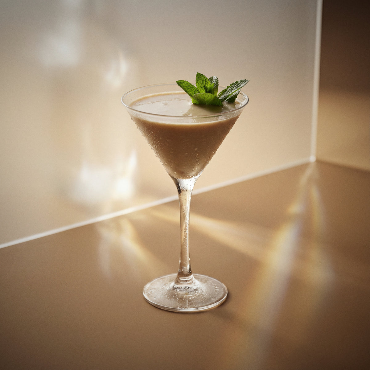 after eight cocktail with brown cream liqueur, cacao brown liqueur, and vodka, in a martini glass with a mint sprig on a reflective surface.