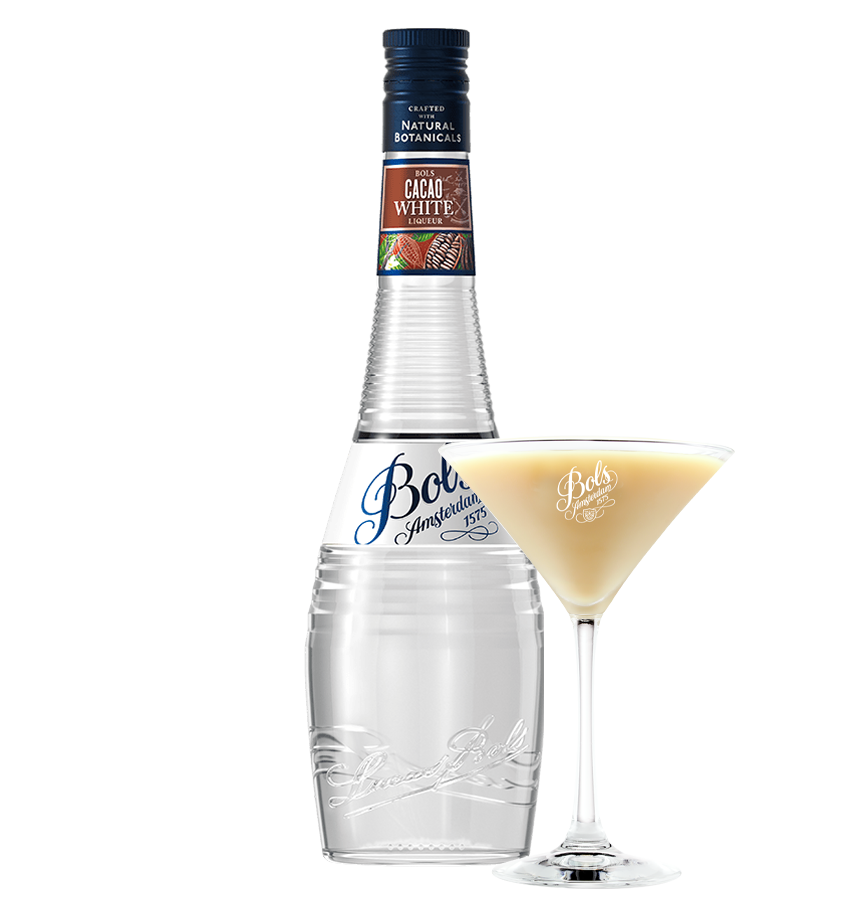Bottle of Bobs Amsterdam Cacao White Liqueur with a glass of the liqueur on a white background