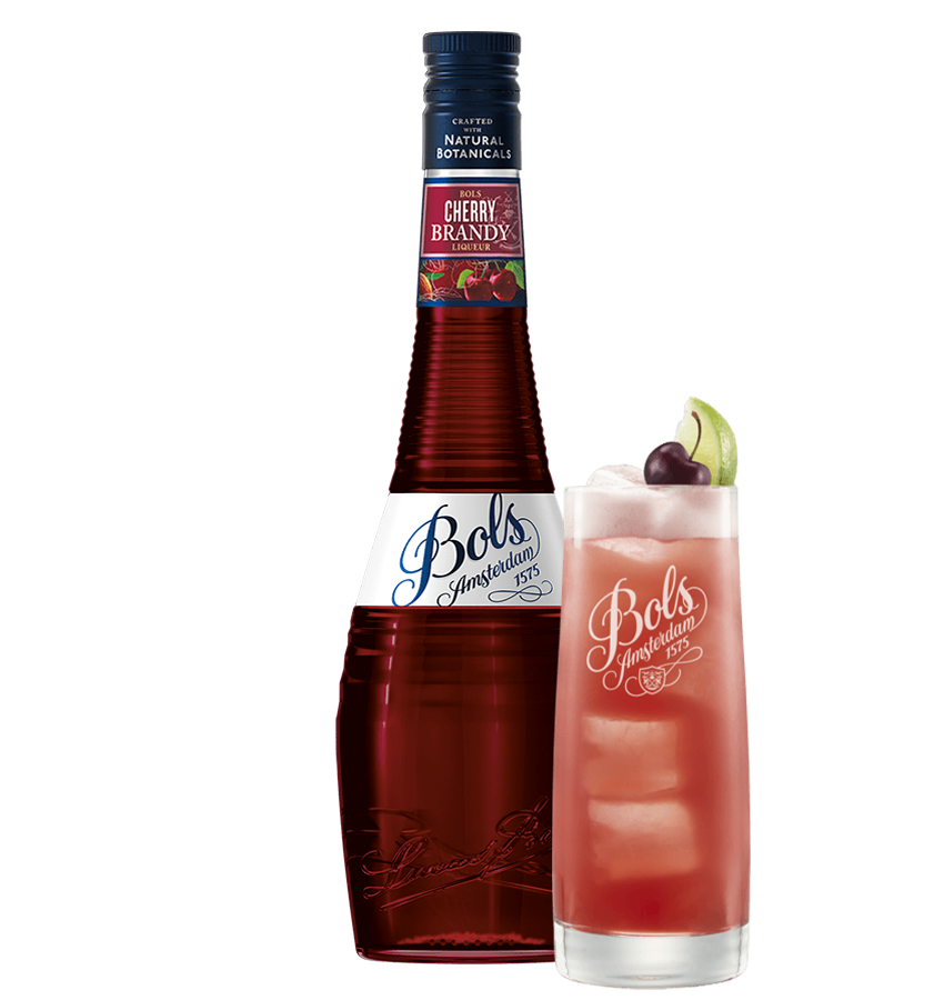 Bols Cherry Brandy liqueur bottle with a cherry and lime garnish on a white background