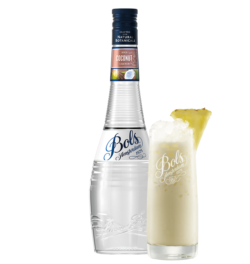 Bols Coconut Liqueur bottle and a cocktail with a pineapple slice on a white background