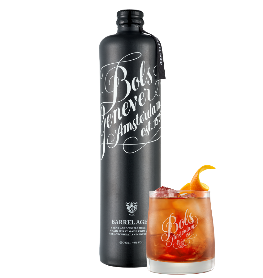 Bols barrel Genever , an Amsterdam genever bottle and a cocktail with the brand logo on a white background
