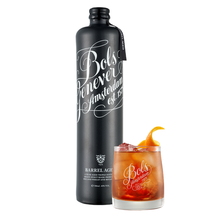 Bols barrel Genever , an Amsterdam genever bottle and a cocktail with the brand logo on a white background