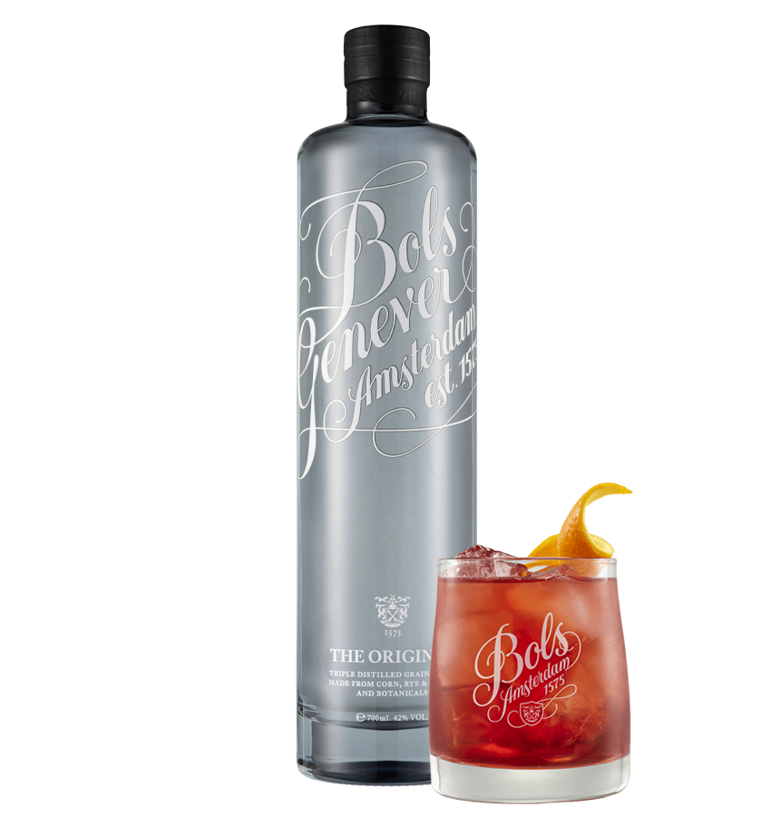Bols Original Genever bottle and a negroni cocktail with the brand name on a white background