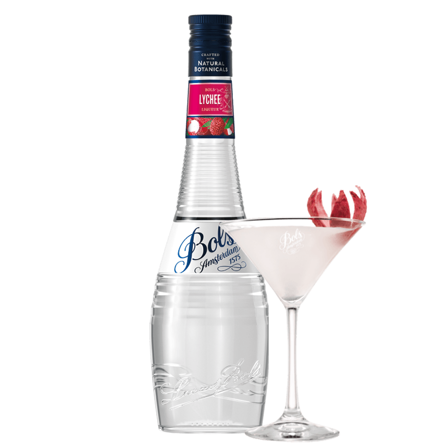 Bols lychee liqueur bottle with a filled glass on a white background