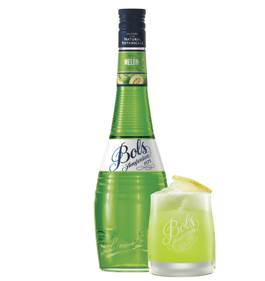Bols Melon liqueur on a white background  with an melon sour cocktail