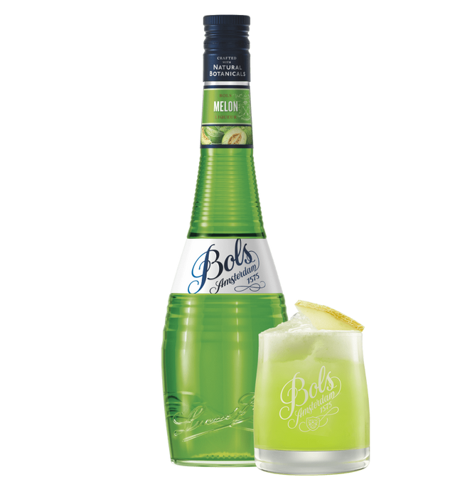 Bols Melon liqueur on a white background  with an melon sour cocktail