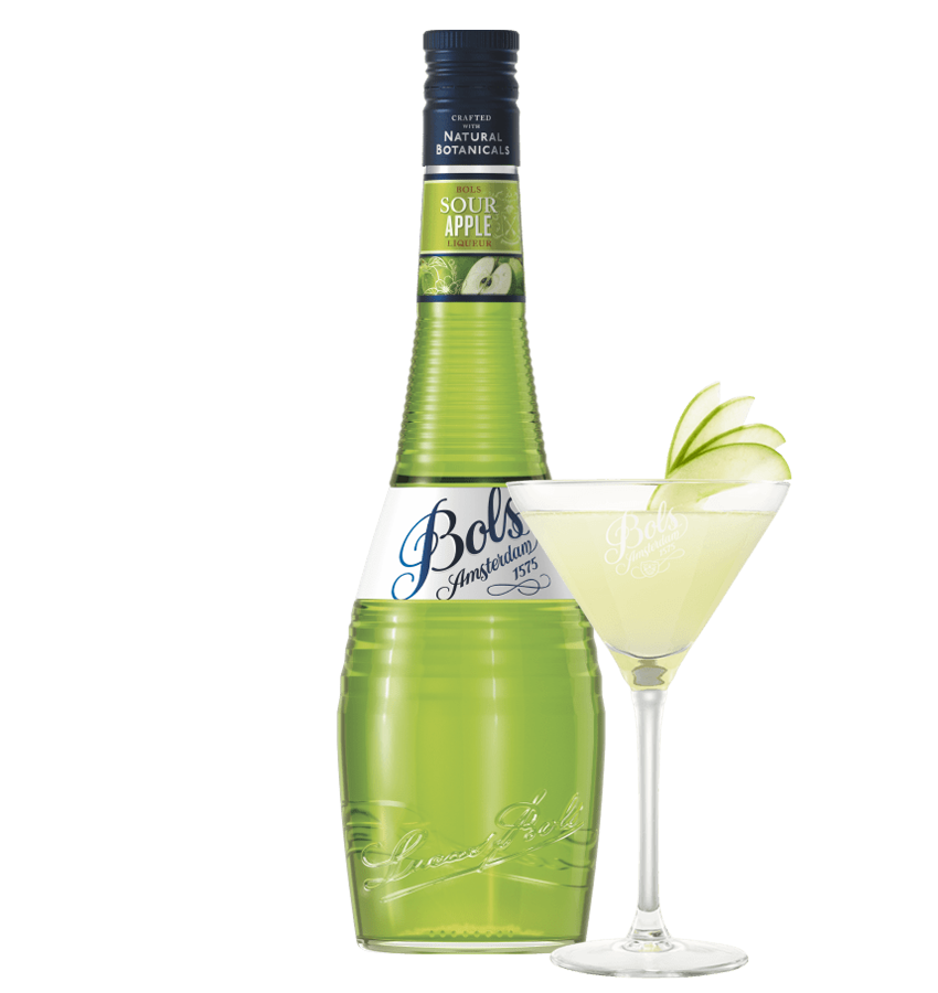 Bols Sour Apple liqueur bottle with a cocktail garnished with an apple slice on a white background