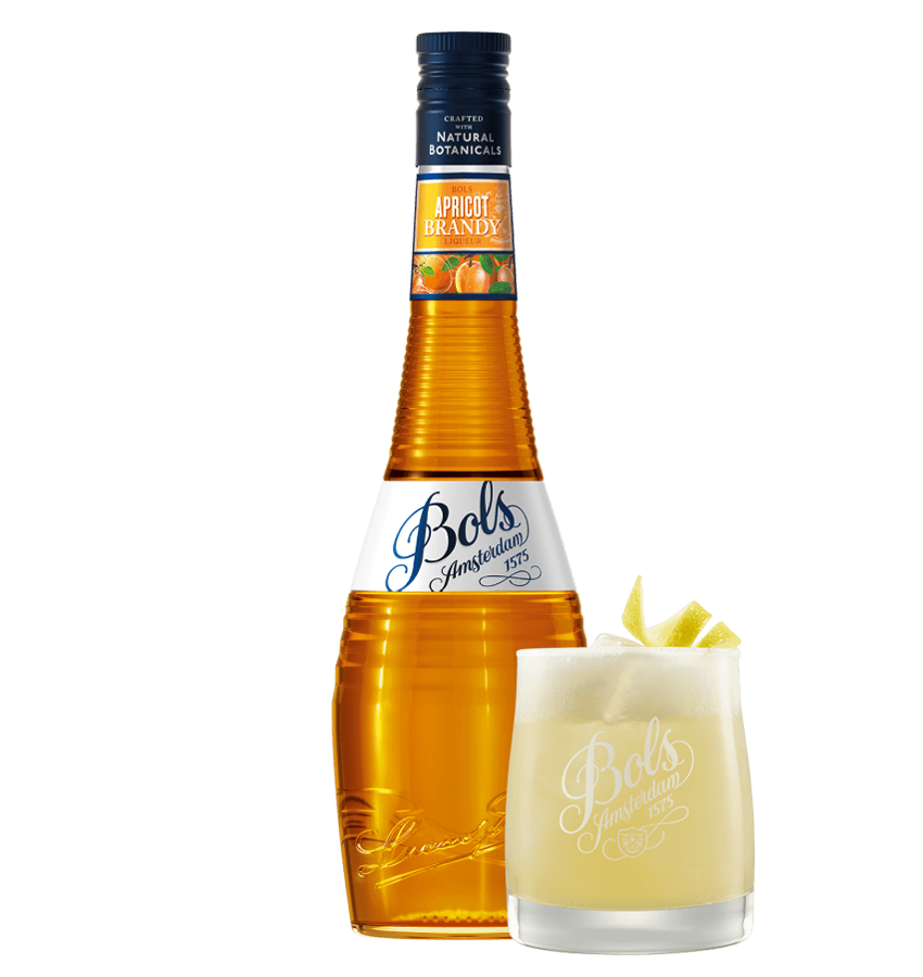 Bols Apricot Brandy bottle with a glass of apricot brandy cocktail on a white background