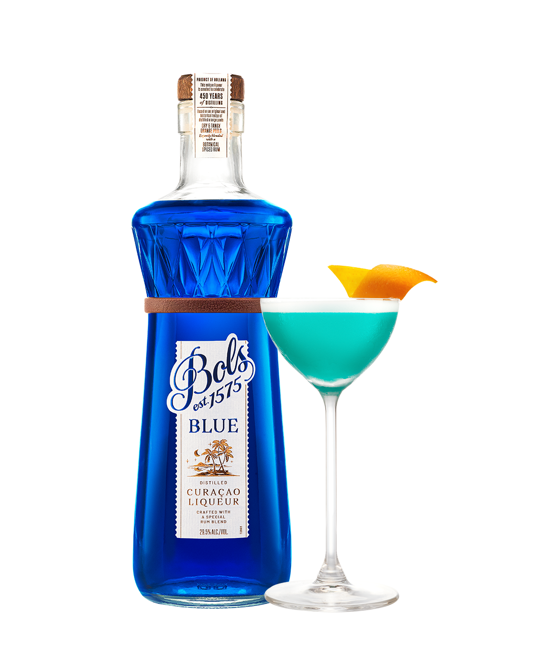 Bols Blue Curácao Liqueur bottle with a cocktail on a white background