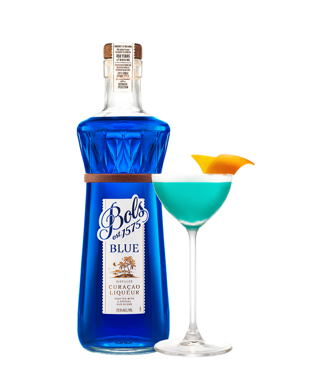 Bols Blue Curácao Liqueur bottle with a cocktail on a white background