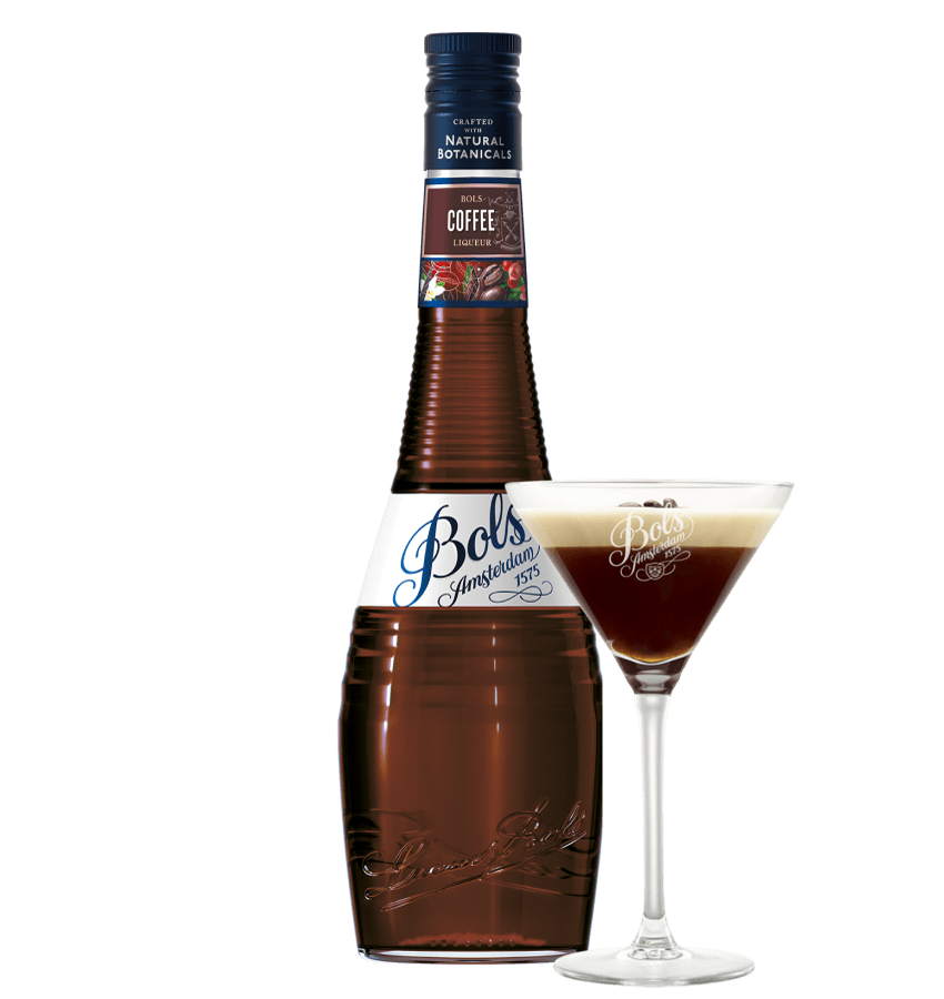 Bols  Coffee liqueur bottle with a espresso martini on a white background