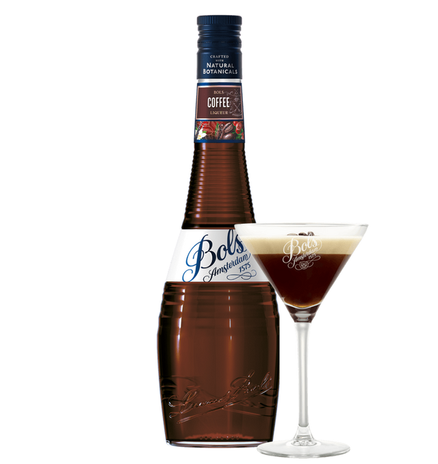 Bols  Coffee liqueur bottle with a espresso martini on a white background
