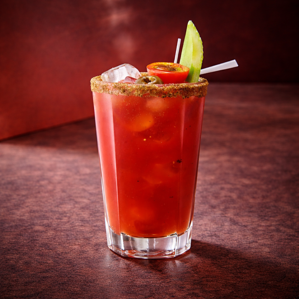 Bloody Mary cocktail with garnishes on a dark surface