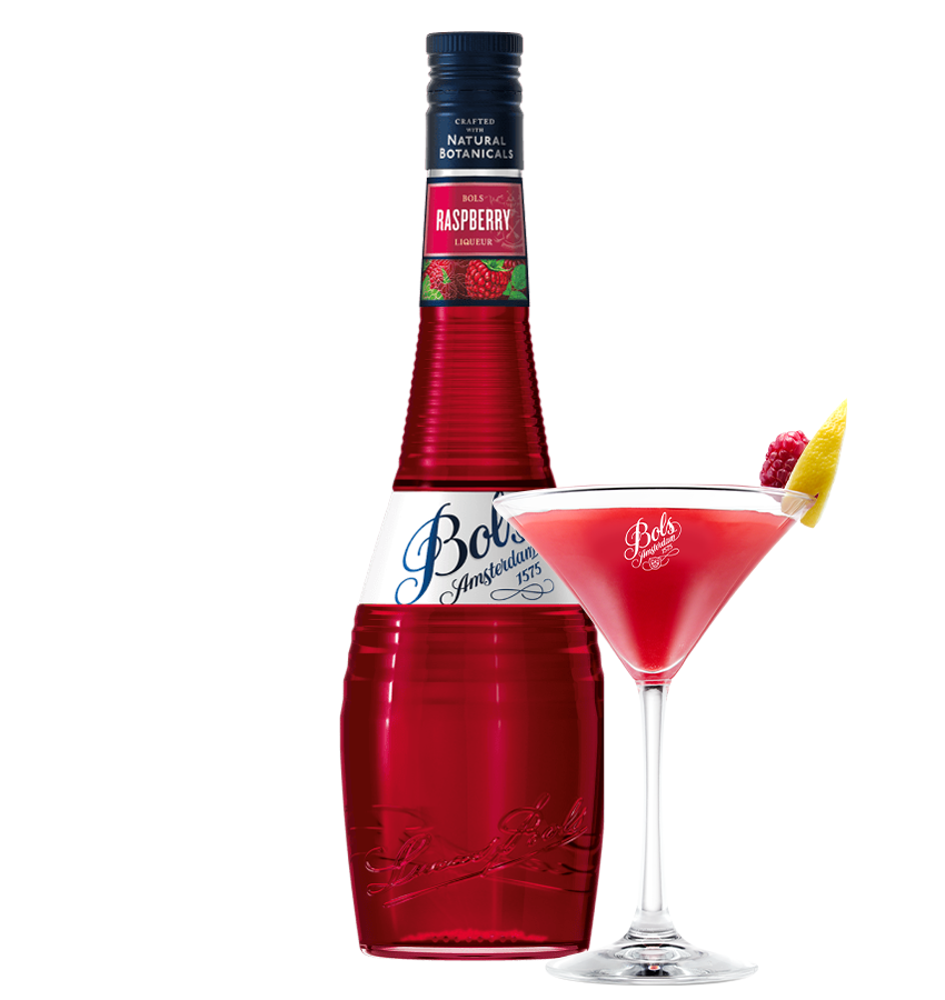 Red bottle of Bob's Raspberry Liqueur with a filled glass on a white background