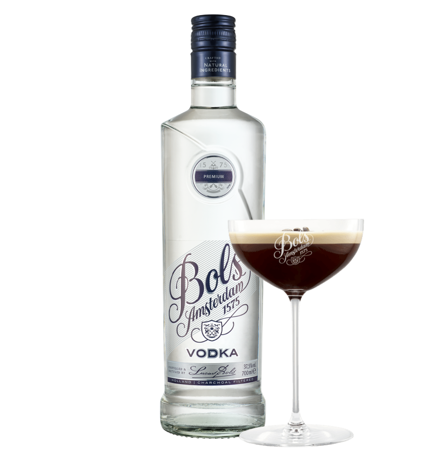 Bols Amsterdam vodka bottle with a espresso martini on a white background