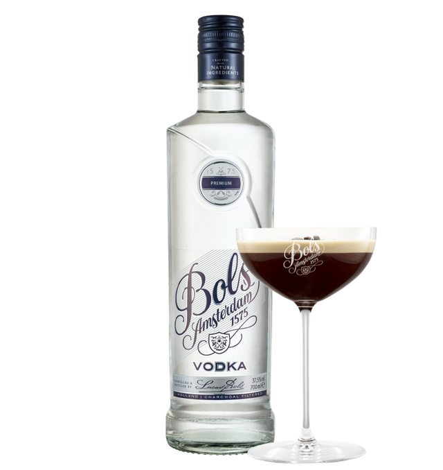 Bols Amsterdam vodka bottle with a espresso martini on a white background
