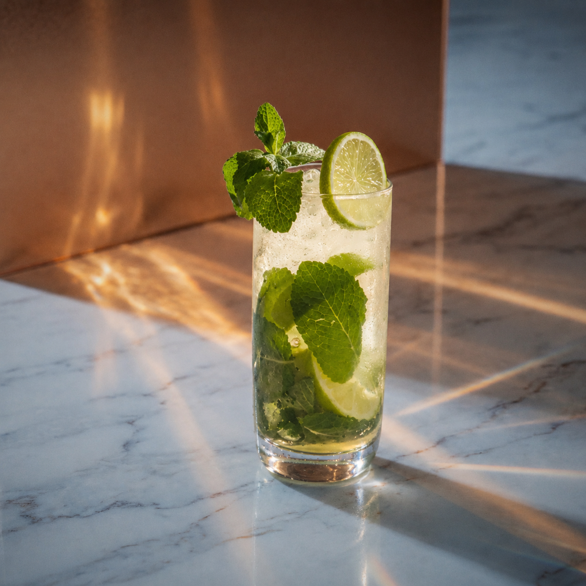 coconut mojito cocktail with coconut liqueur in longdrink glass, with mint and lime wheel garnish