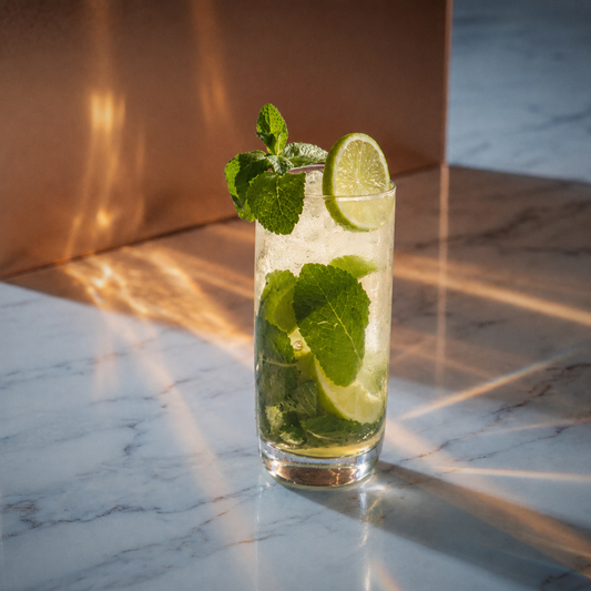 coconut mojito cocktail with coconut liqueur in longdrink glass, with mint and lime wheel garnish