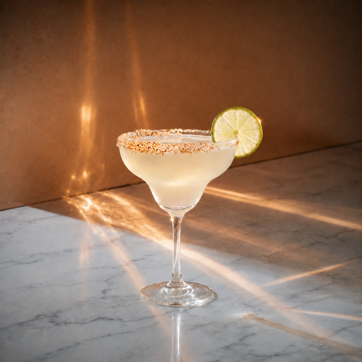 Coconut margarita cocktail in a martini glass with a lime wedge on a marble surface with a warm background