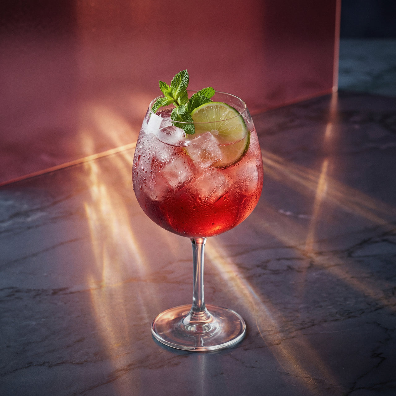 creme de cassis spritz cocktail with creme de cassis liqueur in a coppa glass and with lime wheel and mint sprig on a textured surface