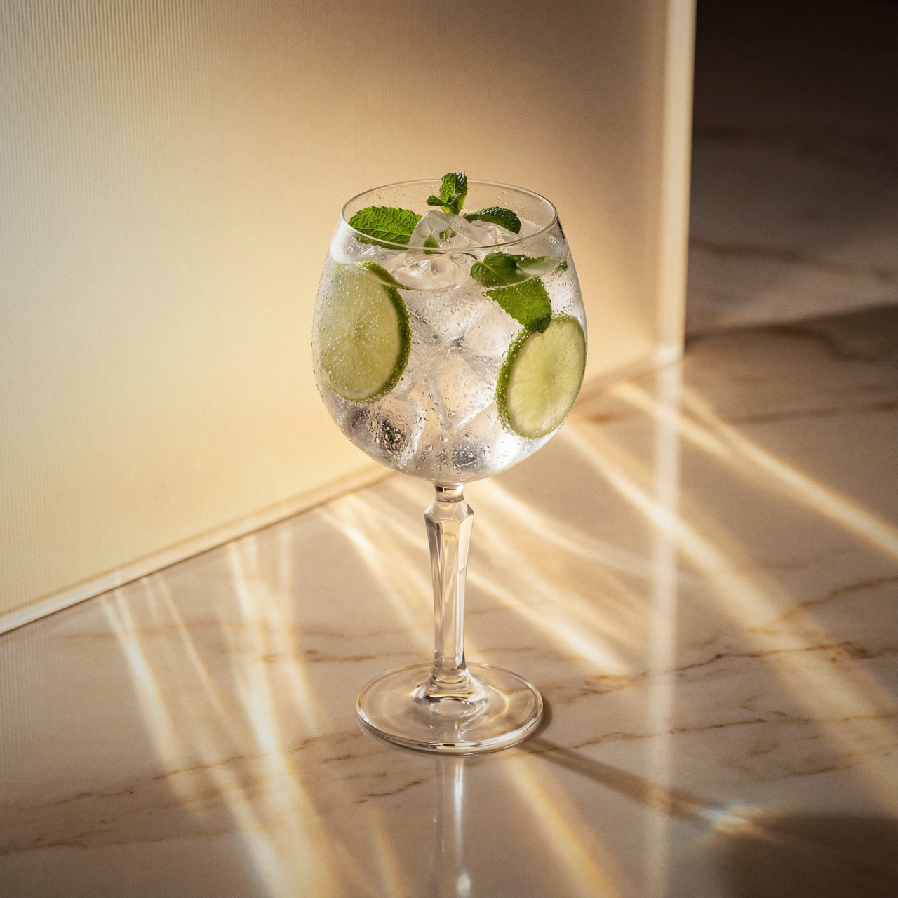elderflower spritz cocktail with elderflower liqueur and with lime and mint leaves in a large wine glass on a marble surface.