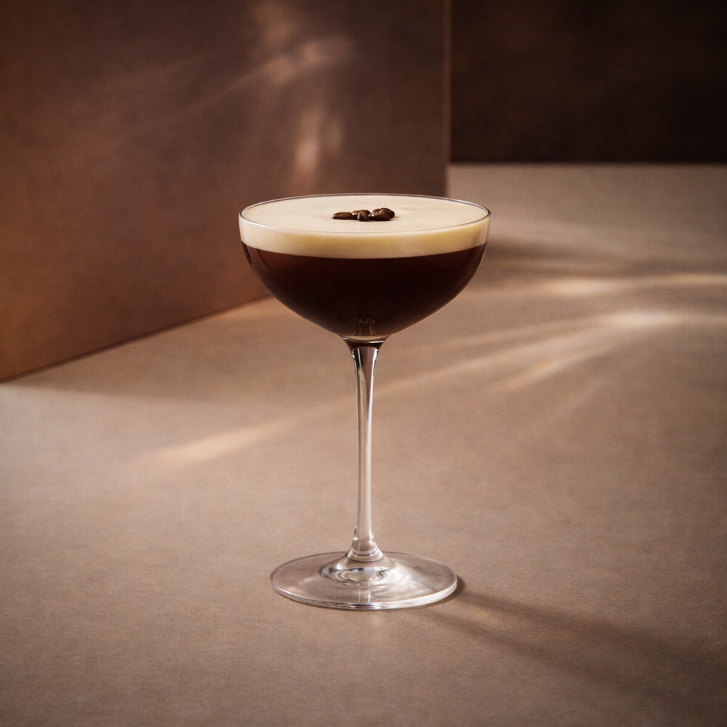 espresso martini cocktail with coffee liqueur and vodka in a coupe glass with coffee beans on a textured background