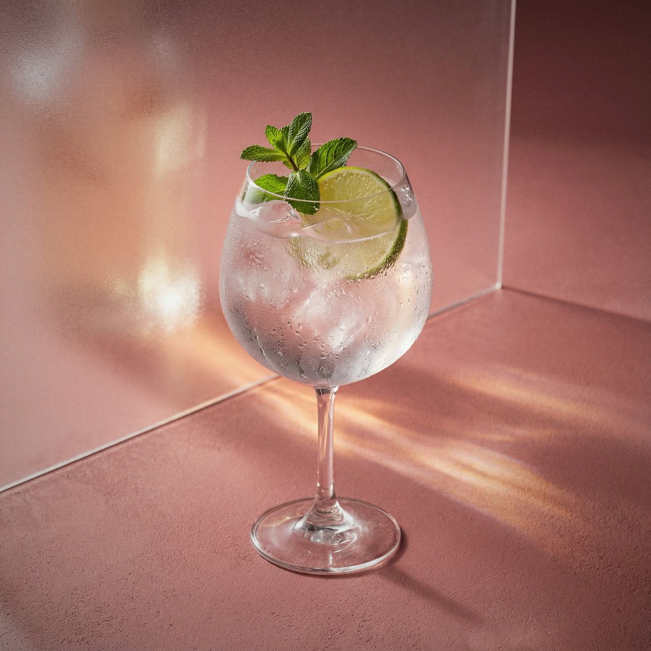 lychee spritz cocktail with lychee liqueur in a large wine glass with a lime wheel and mint sprig in a textured background