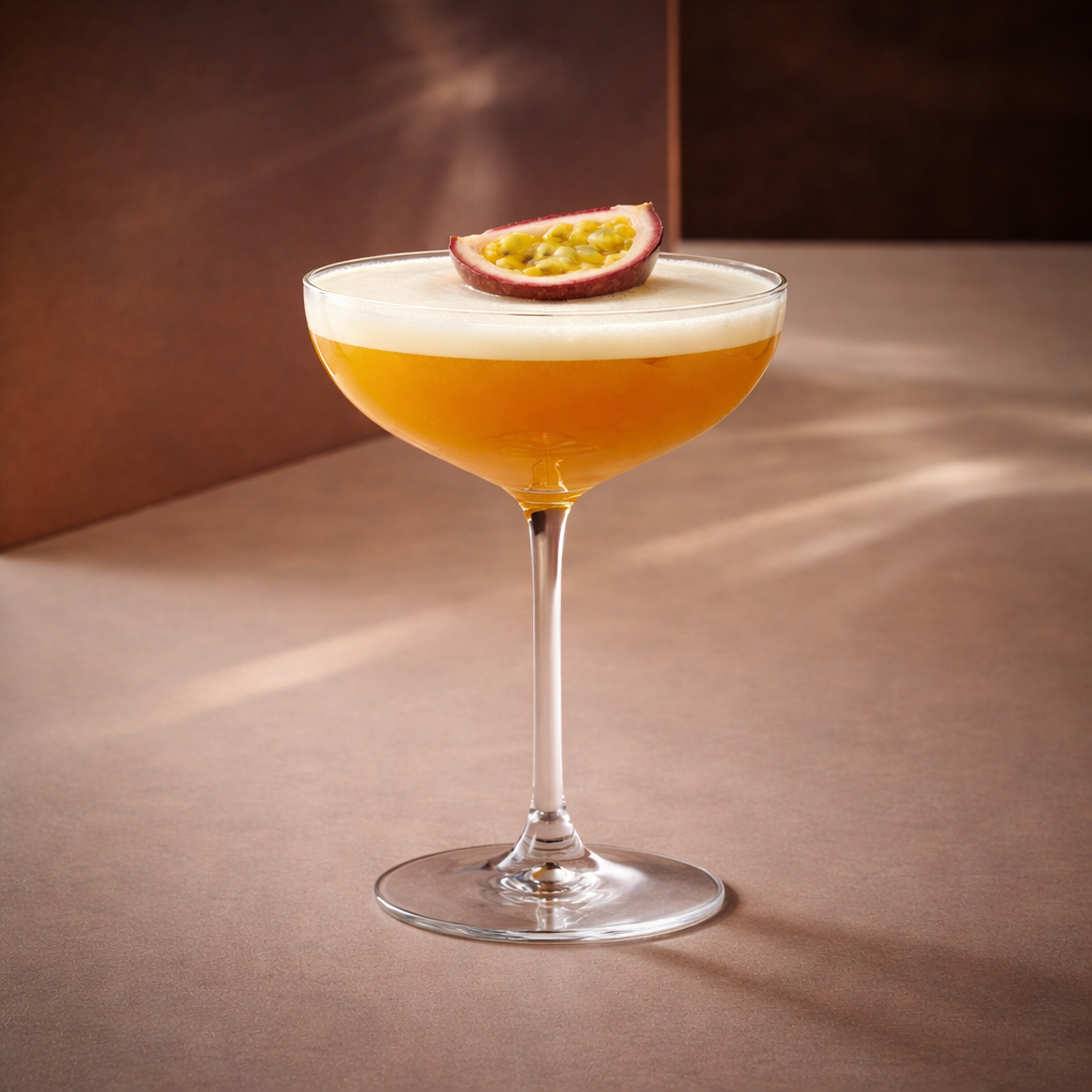 pornstar martini cocktail with passoa and vodka in a glass with a slice of passionfruit on a brown background