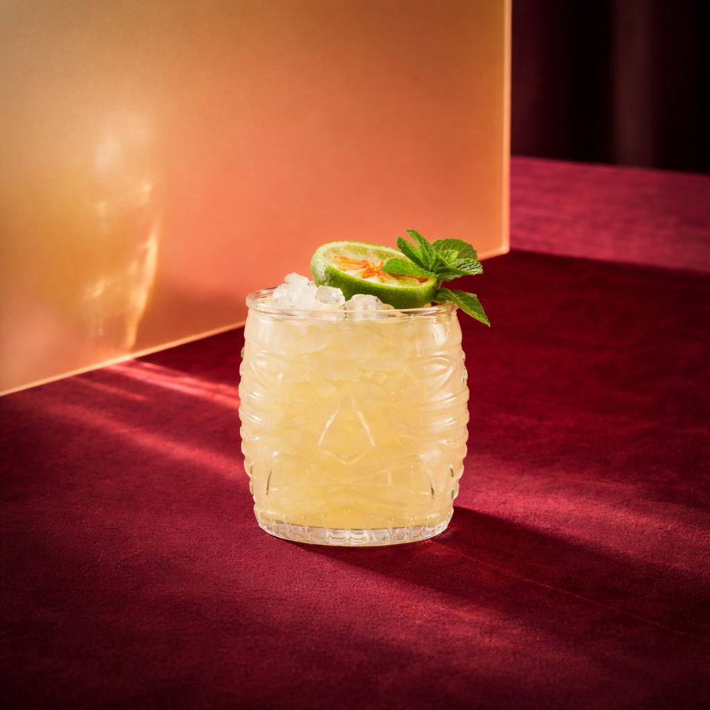 mai tai Cocktail in a textured glass with lime and mint on a red surface